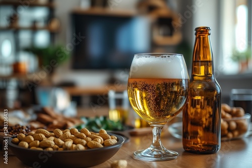 Refreshing beer served with snacks in a cozy indoor setting during a casual g...