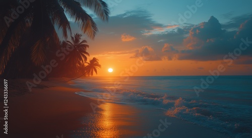 Sunset over a serene beach with palm trees in the Caribbean region