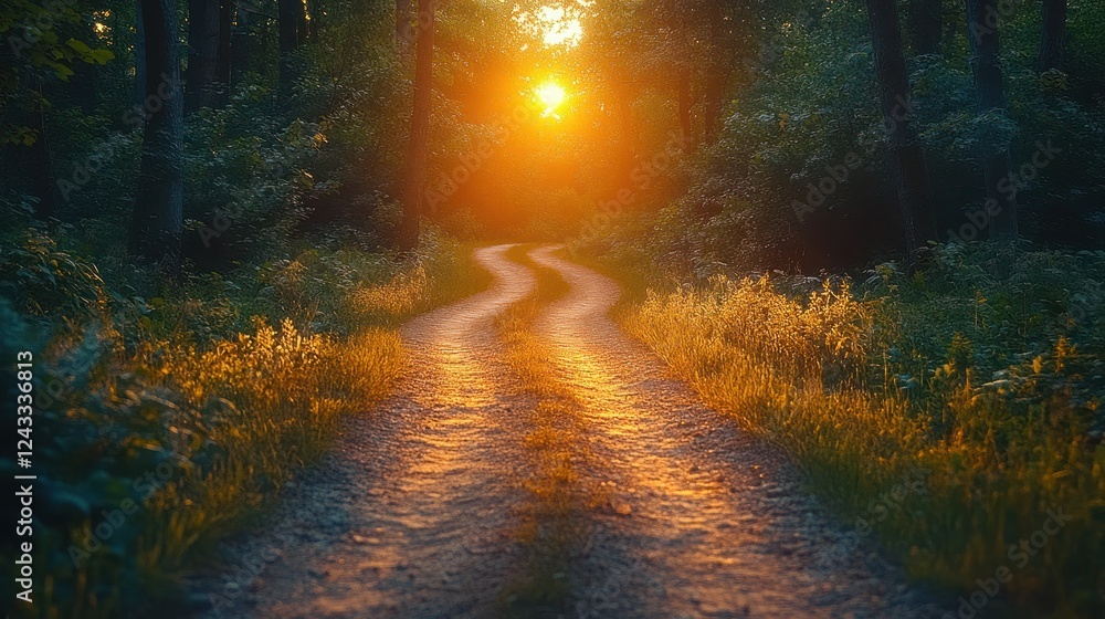 Fototapeta premium Sunset forest path, winding road, golden hour, nature, travel