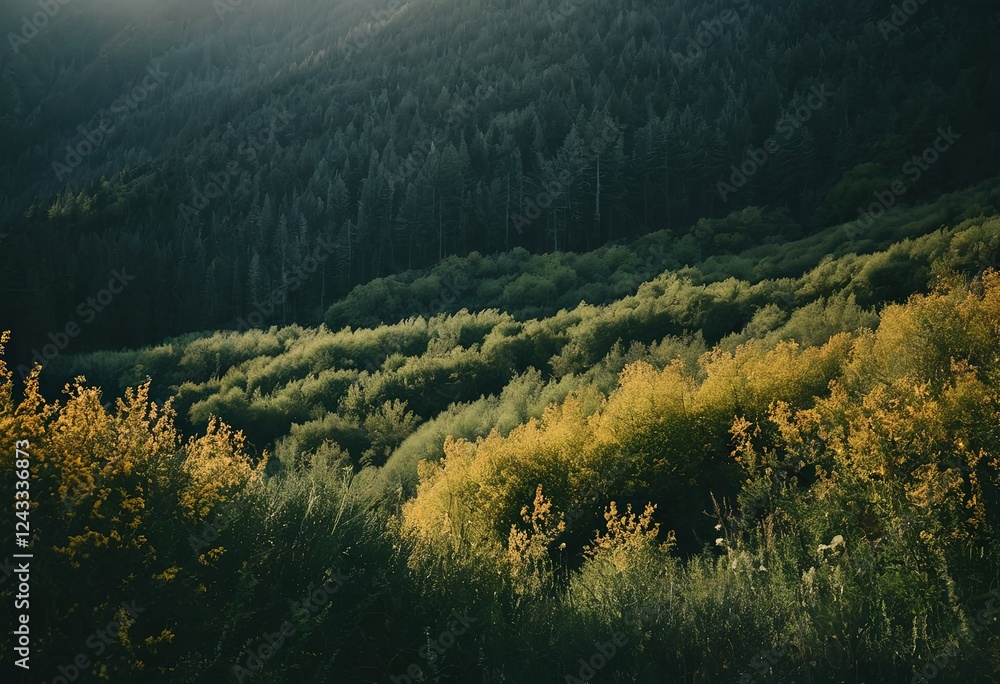 Fototapeta premium Sunlit hilly landscape covered with lush green vegetation.