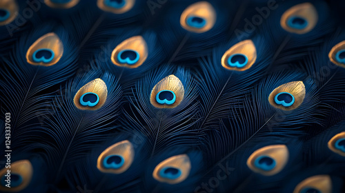 Peacock feathers close-up, intricate patterns, vibrant colors, detailed texture; for nature, wildlife, or decorative backgrounds