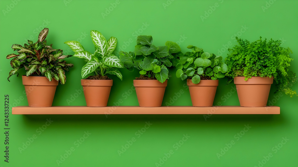 Potted plants on shelf against green backdrop; home decor; interior design; wall display; possible use for online retailer showcasing home goods Potted plants on shelf against green backdrop; home decor; interior design; wall display; possible use for online retailer showcasing home goods