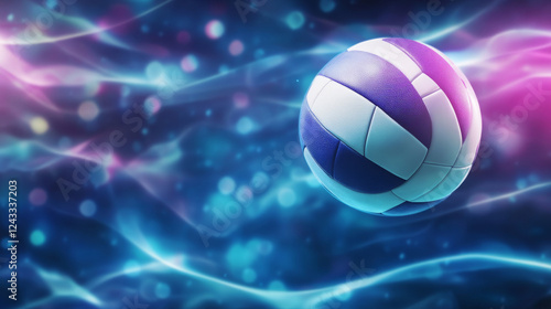 vibrant volleyball surrounded by glowing neon energy rings floats in dynamic, colorful background.