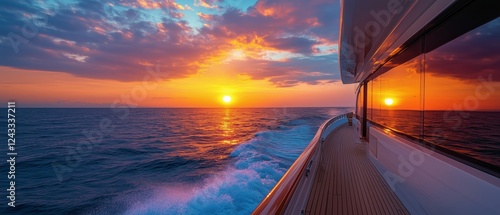 Beautiful sunset viewed from a yacht sailing across calm ocean waters
