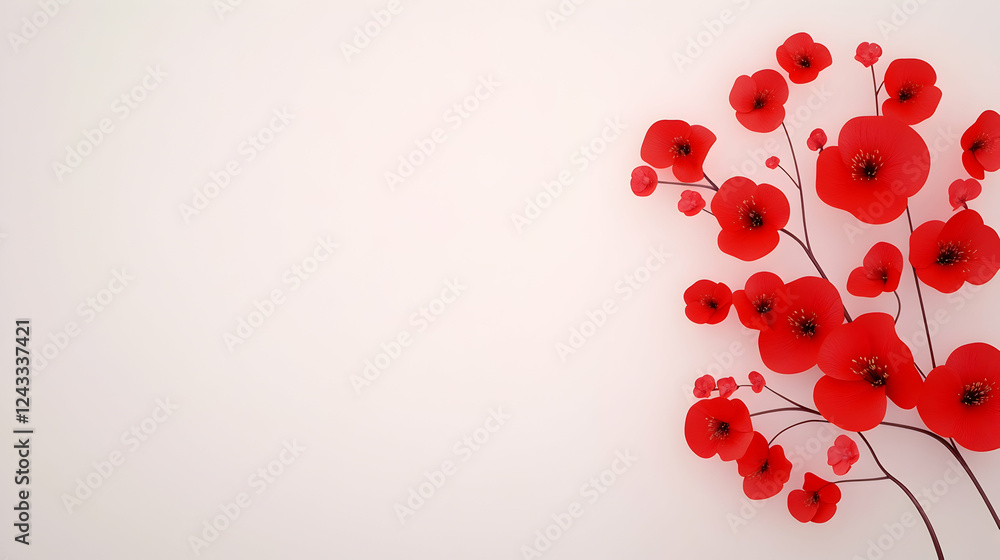 Red paper flowers arranged on a light background, art, minimalist, modern design, for prints or cards Red paper flowers arranged on a light background, art, minimalist, modern design, for prints or cards