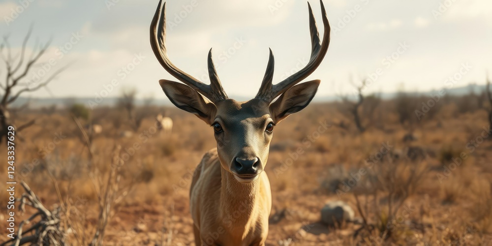 The deer's large eyes scan the horizon as it moves through the dry forest searching for any sign of food or shelter, desert climate, arid landscape The deer's large eyes scan the horizon as it moves through the dry forest searching for any sign of food or shelter, desert climate, arid landscape