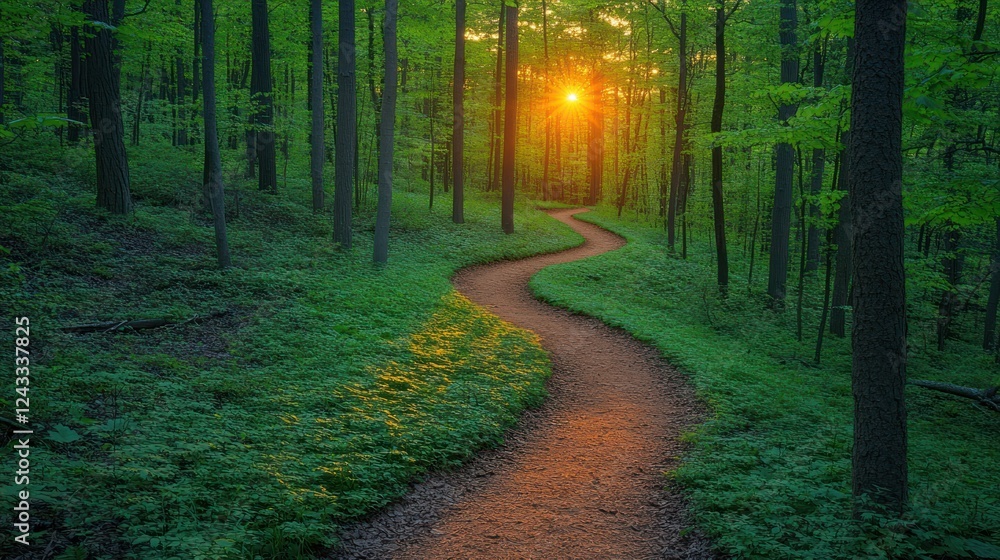Fototapeta premium Sunset Forest Path Winding Through Green Woods