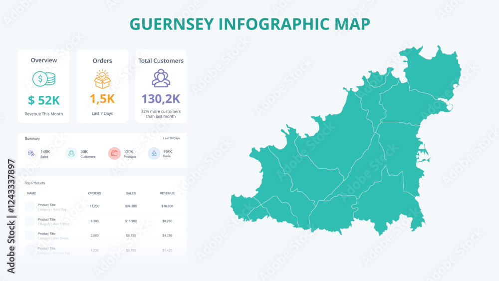 Obraz premium Business Growth Infographic Map of Guernsey. Orders, Customers, Sales Overview & product Infographic Map of Guernsey. Easy to edit
