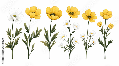 Wallpaper Mural Set of stylized yellow and white flowers with foliage.  Use for design elements, backgrounds, or pattern creations Torontodigital.ca