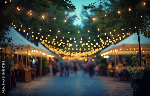Festive outdoor market illuminated with string lights in a lively evening atm...