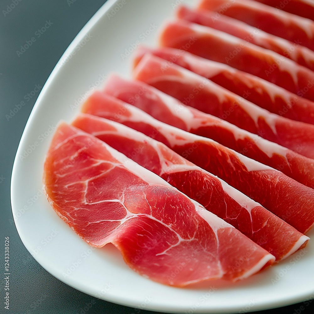 Deliciously sliced prosciutto arranged elegantly on a plate, perfect for gourmet dishes or charcuterie boards. Deliciously sliced prosciutto arranged elegantly on a plate, perfect for gourmet dishes or charcuterie boards.