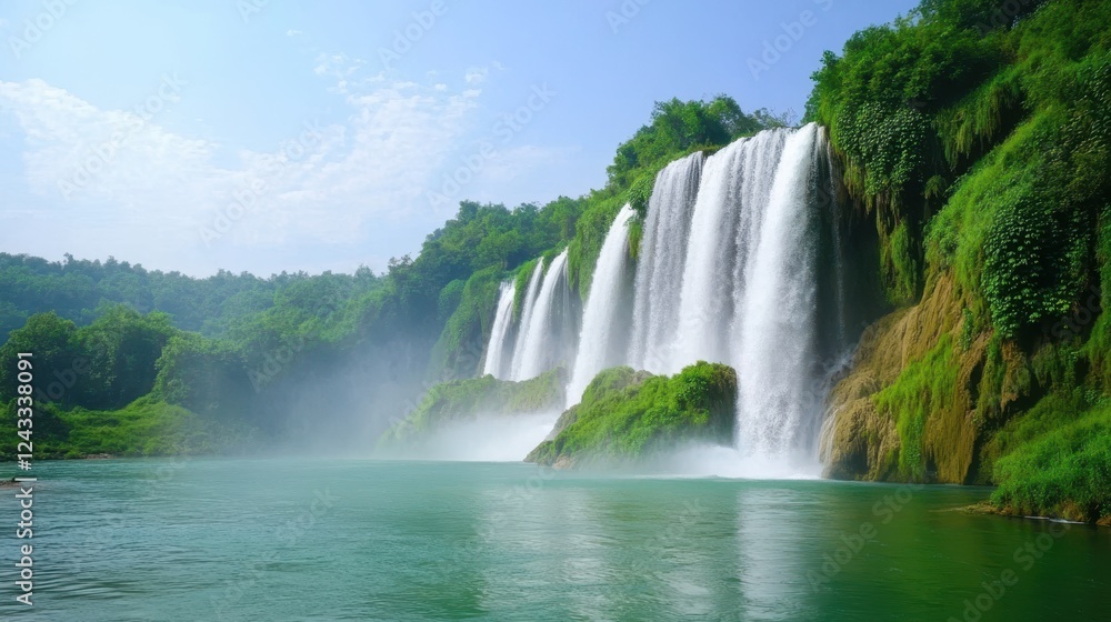 Fototapeta premium A majestic waterfall cascades down a rugged mountain, showcasing the power and beauty of nature in a serene landscape.