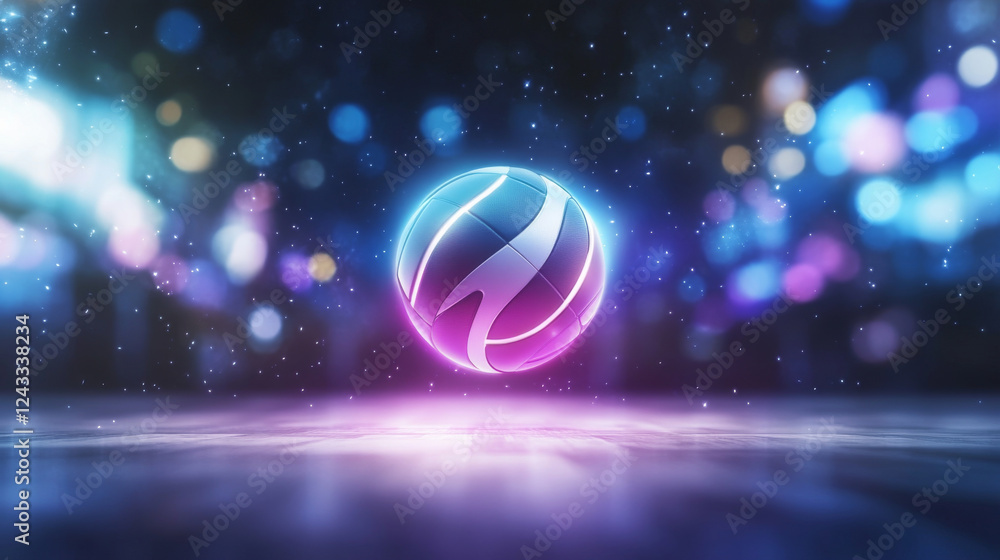 Naklejka premium glowing futuristic sphere with neon lights and vibrant bokeh background.