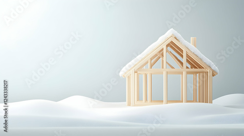 Snowy winter house frame construction; new home project photo