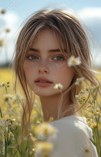 Young woman surrounded by wildflowers in a bright field on a sunny day
