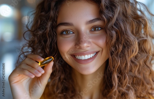 Woman with curly hair smiles while holding a golden capsule in a bright indoo...