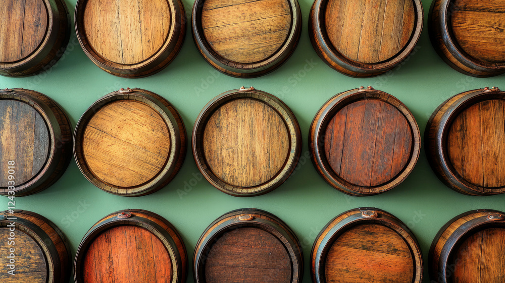 Wooden barrels arranged on a green wall. Wooden barrels arranged on a green wall.