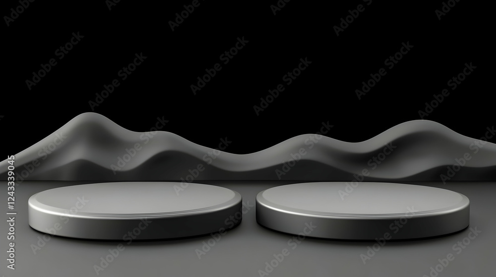 custom made wallpaper toronto digitalTwo grey cylindrical podiums on dark background with abstract hills; product display, mockup