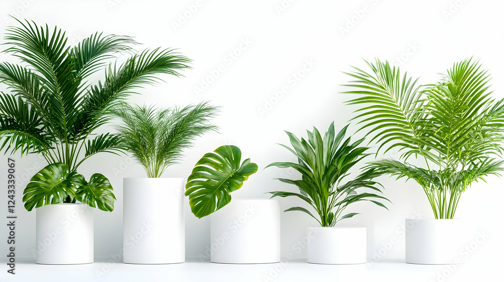 Obraz premium Tropical plants in white pots against a white wall. Interior design inspiration