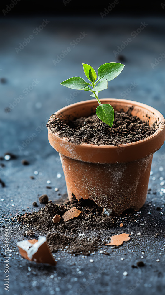Green plant vibrant leaves cracked pot textured dark background nature endurance Green plant vibrant leaves cracked pot textured dark background nature endurance