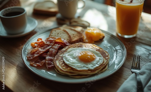 Breakfast spread featuring pancakes, bacon, and fresh juice served at a cozy ...