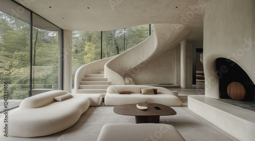 Modern minimalist living room with curved staircase in serene natural setting