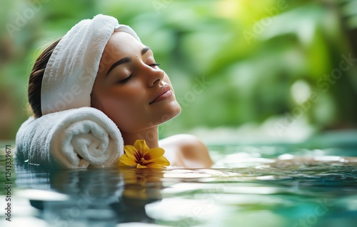 Relaxation and tranquility in a serene tropical spa setting with a woman enjo...