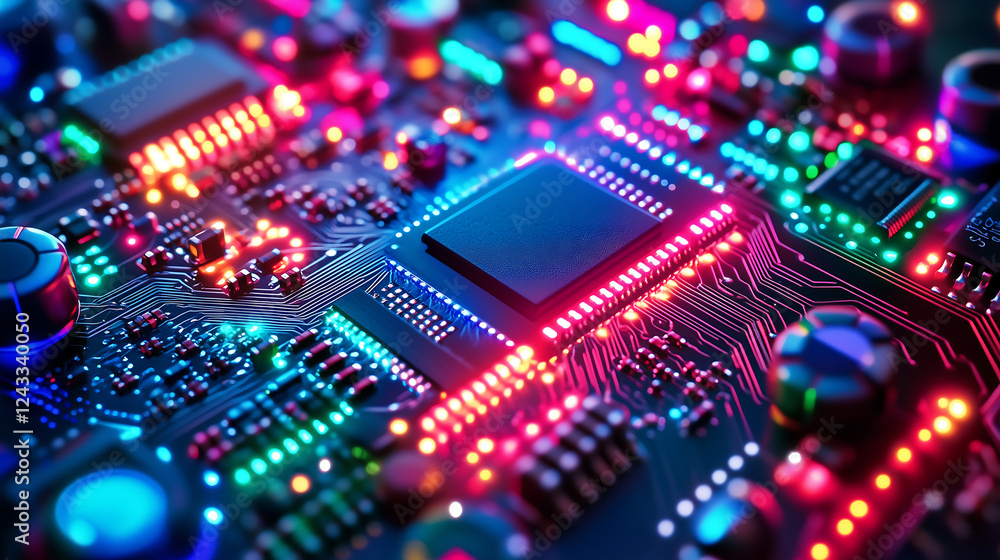 High Tech Circuit Board with Glowing Neon Lights in Red Blue and Green Featuring Modern Electronic Microchip Design with Vibrant Colors Futuristic Patterns and Advanced Digital Technology Background High Tech Circuit Board with Glowing Neon Lights in Red Blue and Green Featuring Modern Electronic Microchip Design with Vibrant Colors Futuristic Patterns and Advanced Digital Technology Background