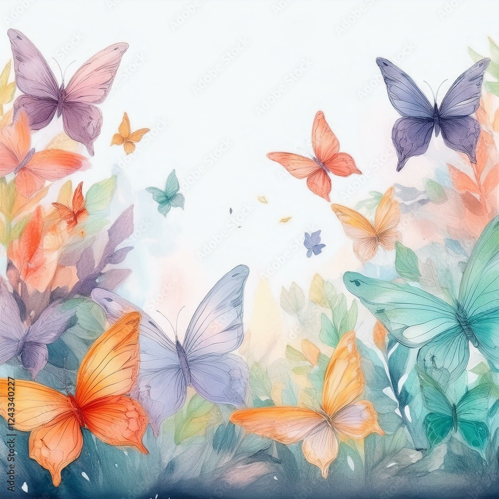 Fototapeta premium creative seamless border frame of colorful delicate butterflies on white background; concept for cards or backgrounds