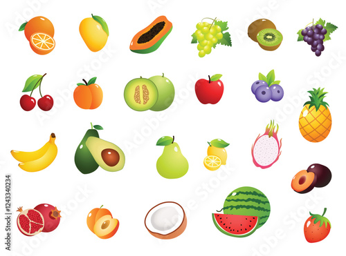fruits icon and emoji, berries Melon pear mandarin watermelon apple orange isolated vector set. Peach and cherry, pineapple and apple, watermelon and banana, blueberry and lemon illustration