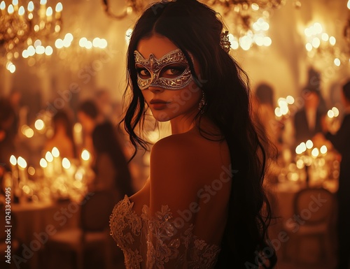 Elegant woman in a masquerade costume at a lavish evening party with candlelight