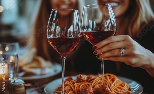 Friends enjoying dinner with wine and pasta in a cozy restaurant during eveni...