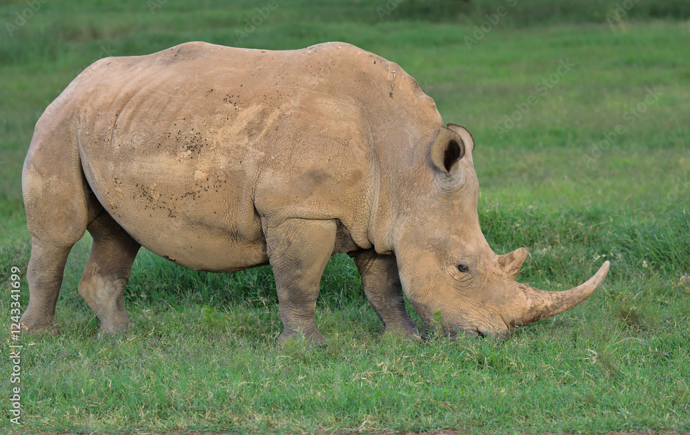 side view of single southern white rhino feeding on grass in the wild solio game reserve, kenya