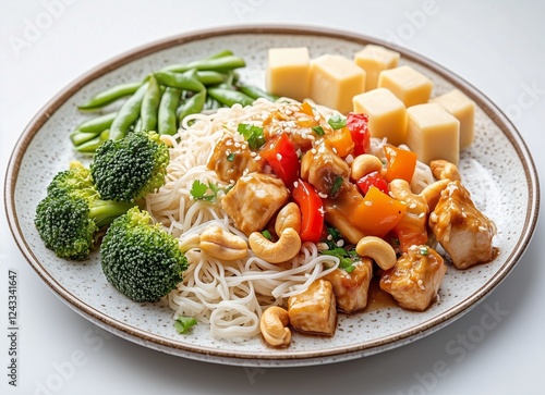 Delicious chicken stir fry with vegetables and noodles served on a plate