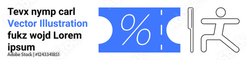 Blue ticket featuring a percent sign beside exit figure concept. Ideal for discounts, sales, offers, opportunity, customer loyalty, savings, escape. Abstract line flat metaphor