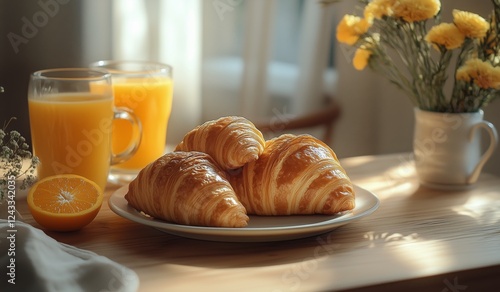 Freshly baked croissants with orange juice and flowers on a kitchen table in ...
