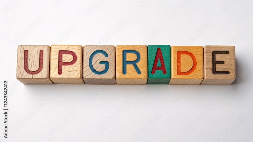 Obraz premium Alphabet wood blocks creatively arranged to spell upgrade symbolizing growth and progress in a business context showcasing the importance of continuous improvement and development.