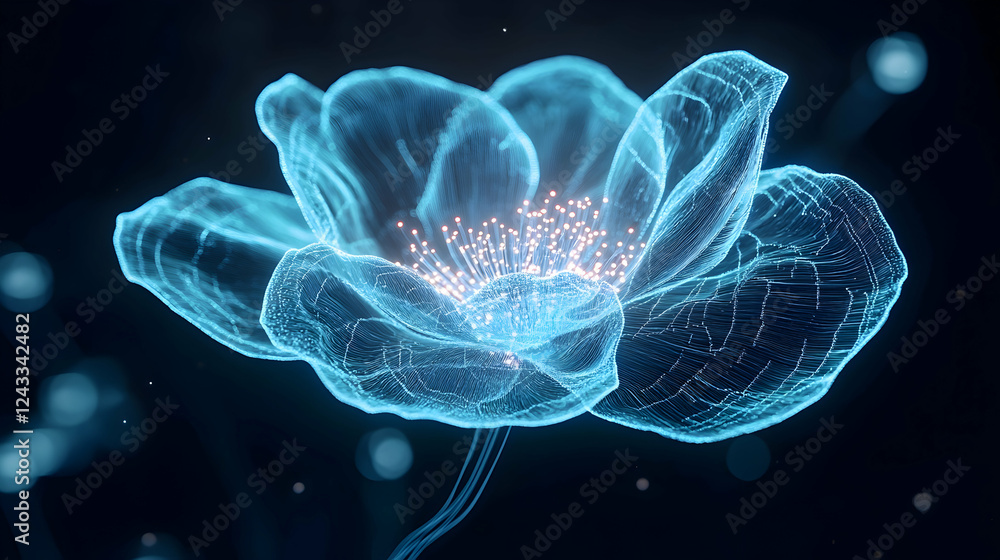 Fototapeta premium Abstract glowing flower in a dark background; artistic digital illustration for a nature-themed display or wallpaper