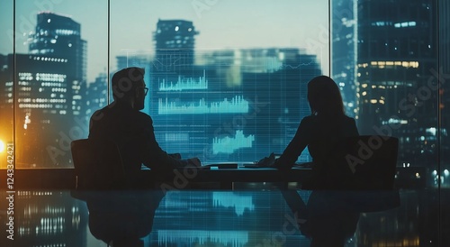 Business meeting at sunset with city skyline and digital analytics display in...