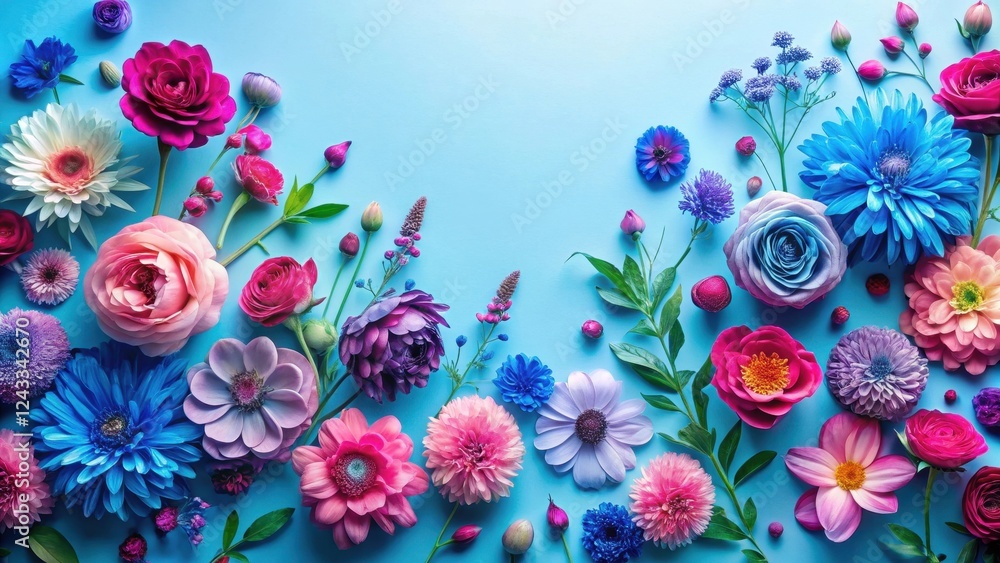 Vibrant Floral Arrangement Featuring a Diverse Collection of Blossoms in a Spectrum of Hues, Showcasing Delicate Petals and Lush Greenery on a Light Blue Background Vibrant Floral Arrangement Featuring a Diverse Collection of Blossoms in a Spectrum of Hues, Showcasing Delicate Petals and Lush Greenery on a Light Blue Background