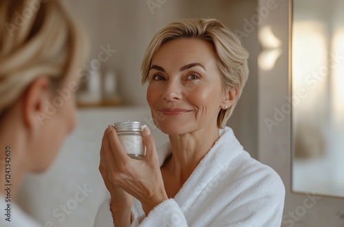 Mature woman applying skincare product in a bright and cozy bathroom