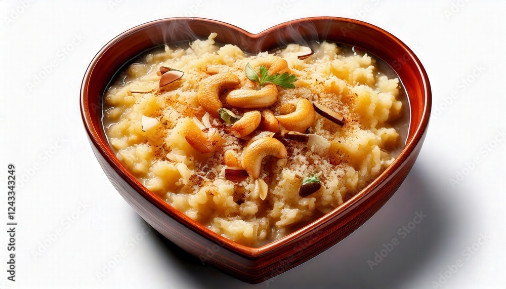 A heart-shaped bowl filled with hot, delicious sweet pongal A heart-shaped bowl filled with hot, delicious sweet pongal