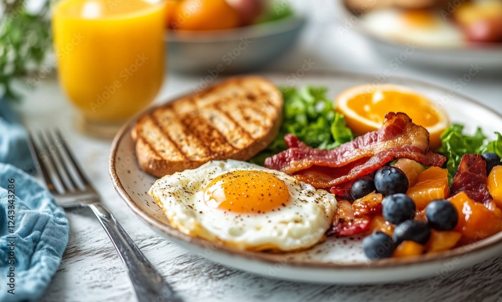 Delicious breakfast platter served with fried eggs, bacon, fresh fruit, and toasted bread Delicious breakfast platter served with fried eggs, bacon, fresh fruit, and toasted bread