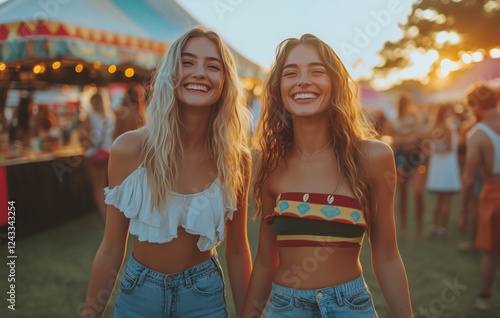 Friends enjoy summer festival in colorful outfits at sunset in outdoor event