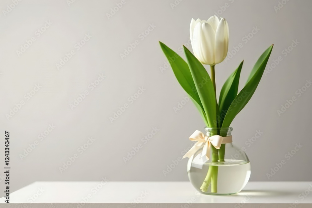 A single white tulip placed in a delicate glass vase with a ribbon, elegant, vase, decorative A single white tulip placed in a delicate glass vase with a ribbon, elegant, vase, decorative