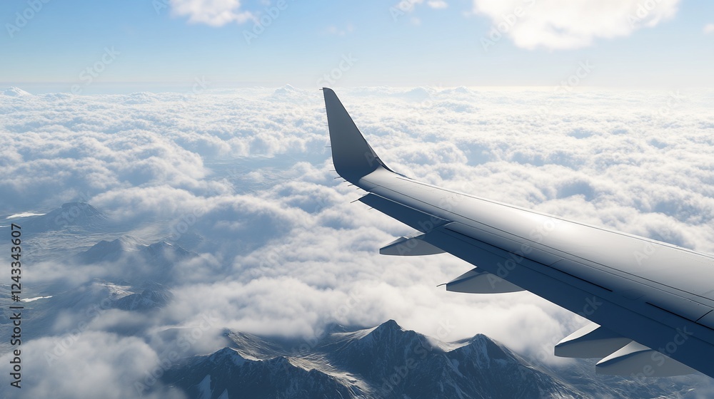 Airplane wing above clouds, mountains, travel Airplane wing above clouds, mountains, travel