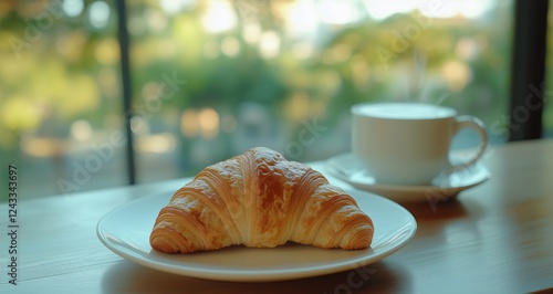 Fresh croissant on a plate next to a cup of coffee in a cozy cafe setting