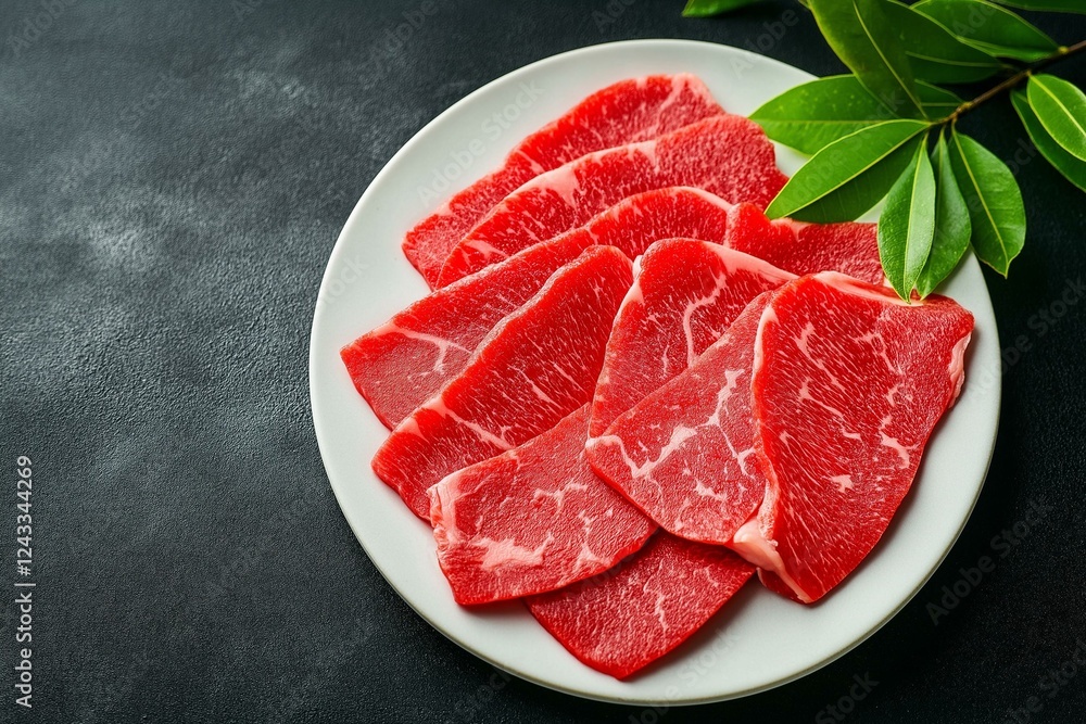 Freshly sliced beef arranged on a plate, surrounded by green leaves, perfect for culinary presentations.