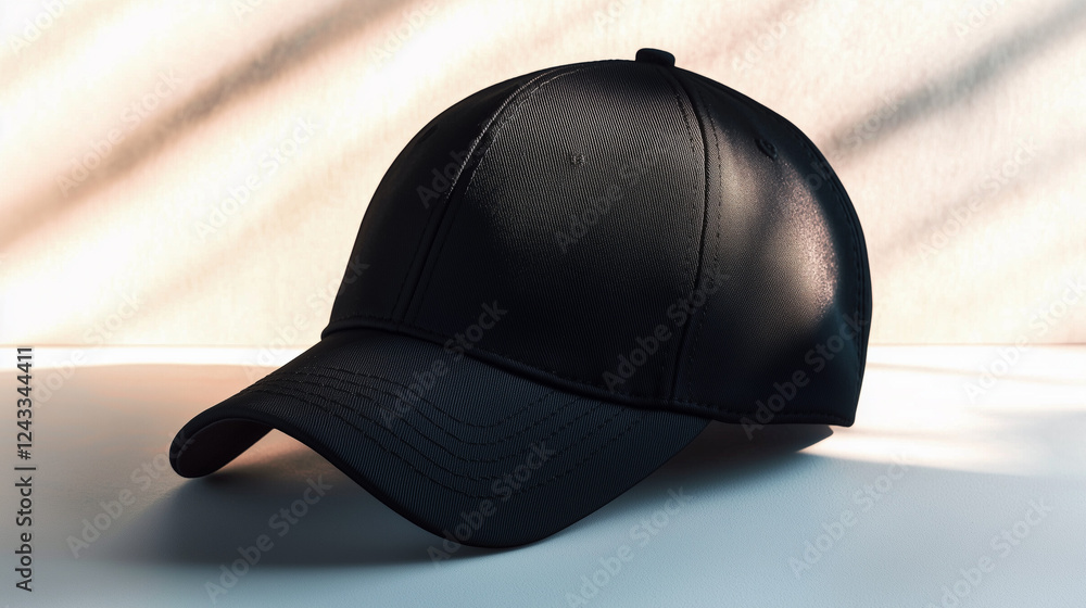 A stylish mockup of a black baseball cap with bold shadows on a neutral backdrop. Ideal for apparel branding, promotional graphics, and print advertising. A stylish mockup of a black baseball cap with bold shadows on a neutral backdrop. Ideal for apparel branding, promotional graphics, and print advertising.