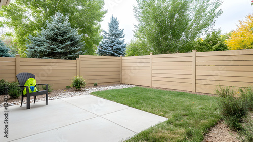 Backyard patio with beige fence and green grass